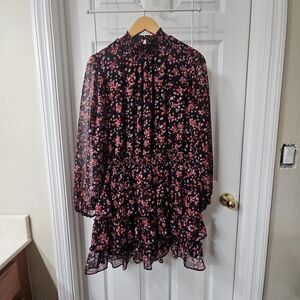 Sam and Jess Black Red Floral Chiffon Smocked High Neck Ruffle Mini Dress XL